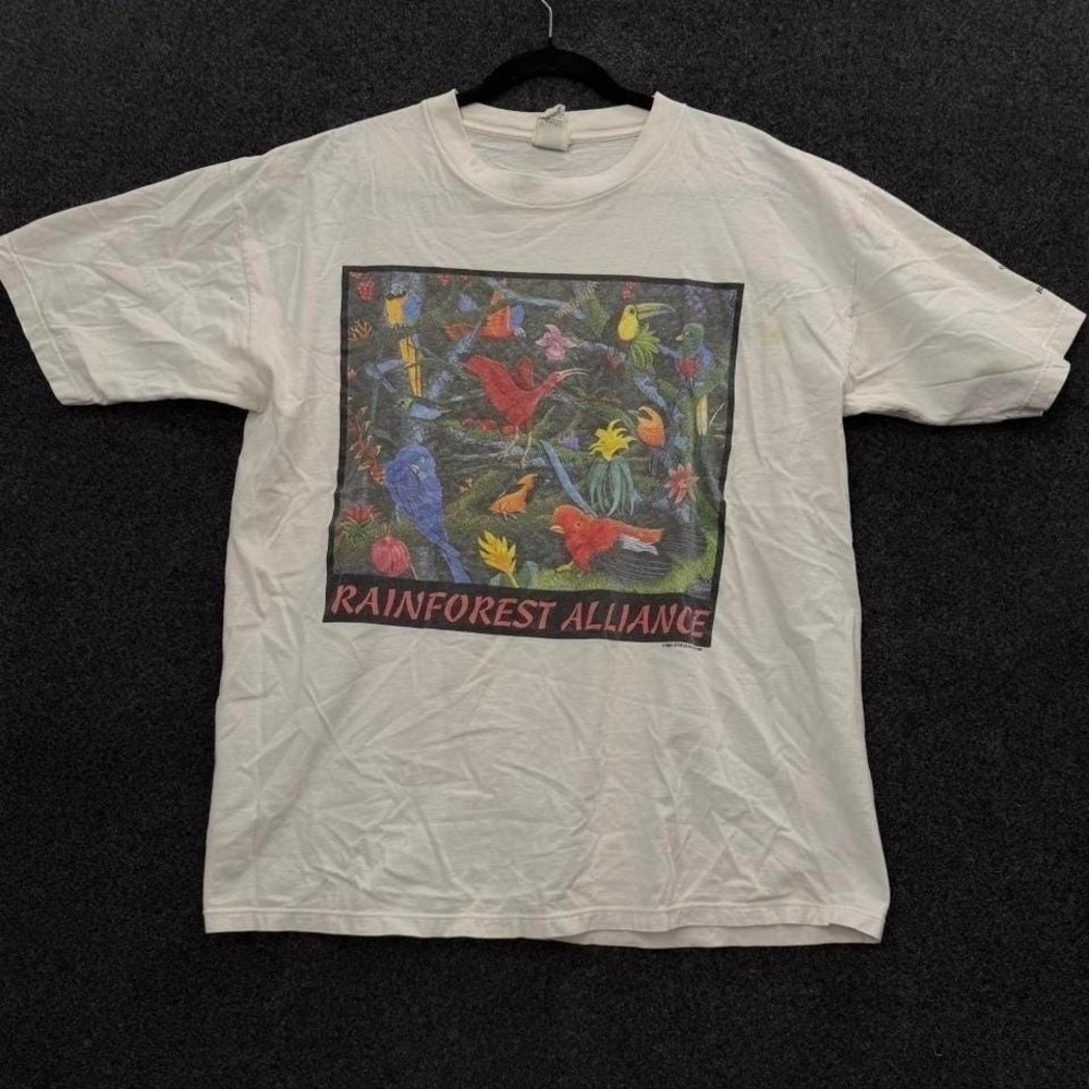 Vintage Rainforest Alliance Birds Graphic Tee Men's XL1993 USA Made White Shirt